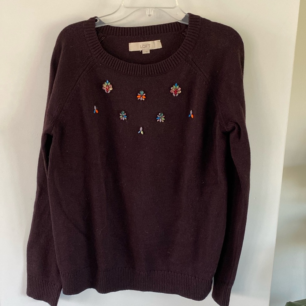 LOFT Rhinestone Embellished Sweater Gens Jewels Plum burgundy Ann Taylor M